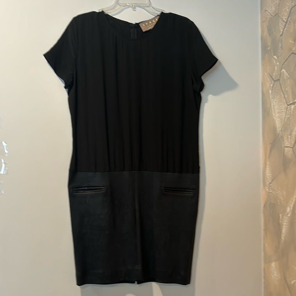 Space Style Concept black silk and leather mini dress with front pockets size 10